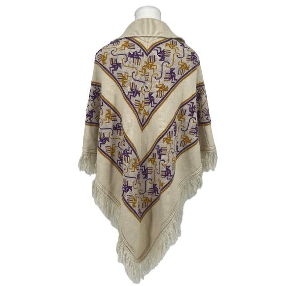 Vintage 70’s Poncho Knit Bird Print Gold‎ Purple OSFA - Picture 2 of 8